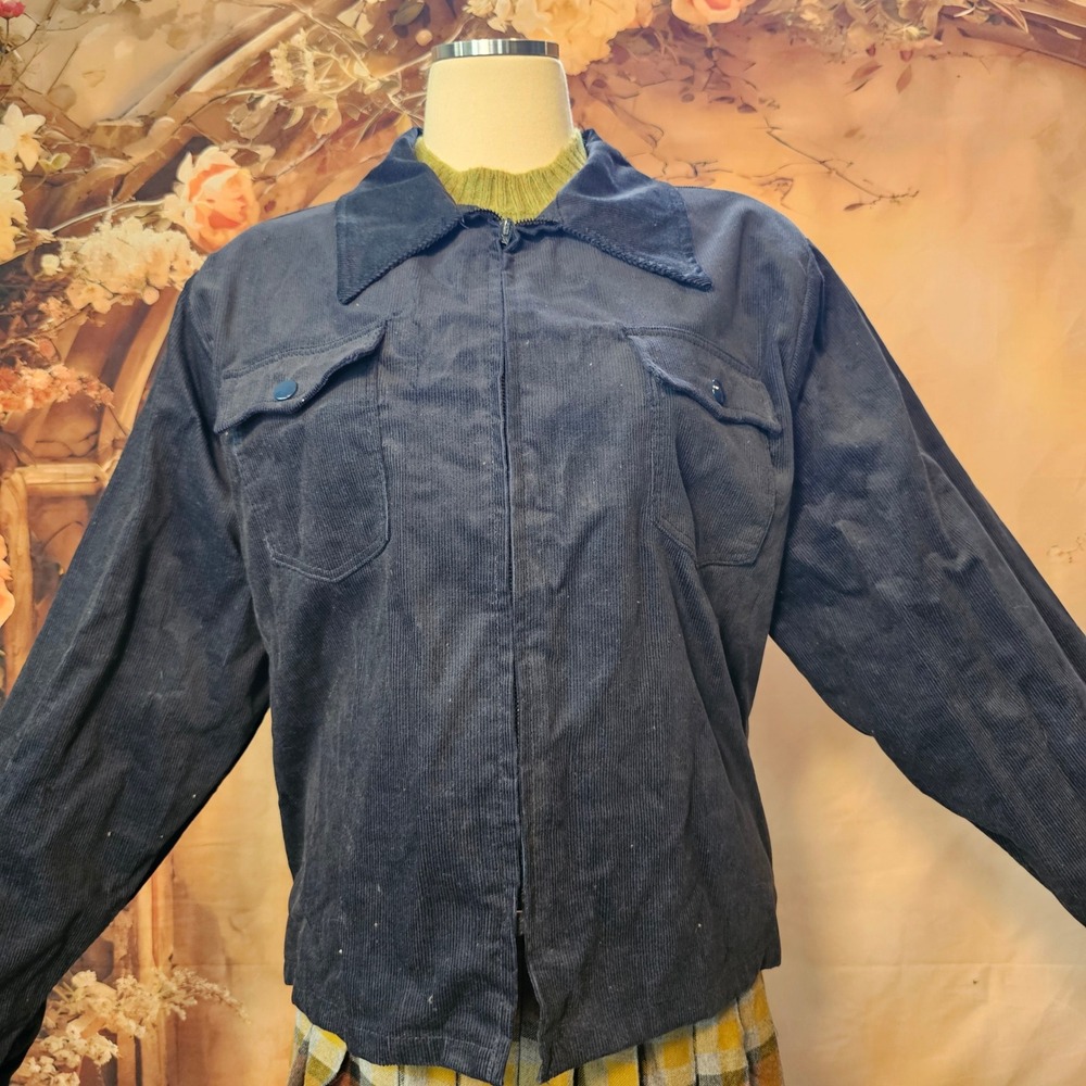 Vintage 1970s JCPenney Navy Blue Corduroy Trucker Jacket Mens XL Zip Up Workwear